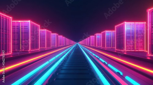 A neon-themed concept art of a high-tech logistics and transport system