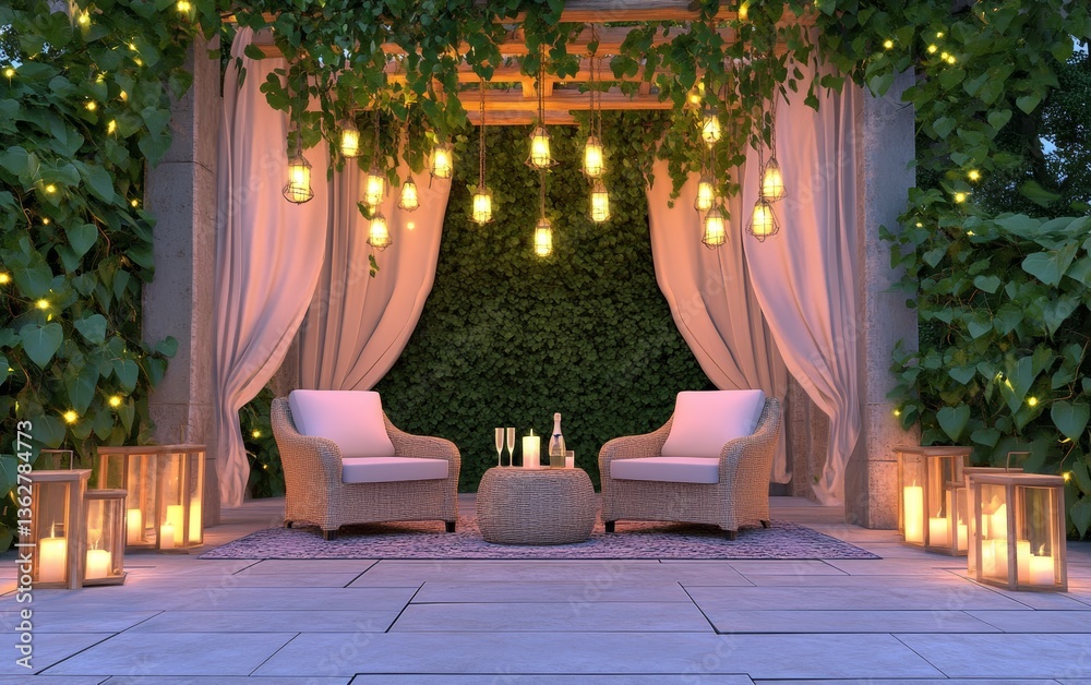 Fototapeta premium Cozy Outdoor Lounge with Fairy Lights and Lanterns