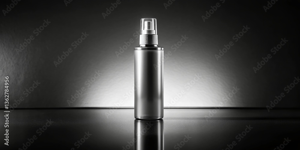 Fototapeta premium Modern Heat Protectant Spray Bottle Reflection - Minimalist Black & White Product Photography
