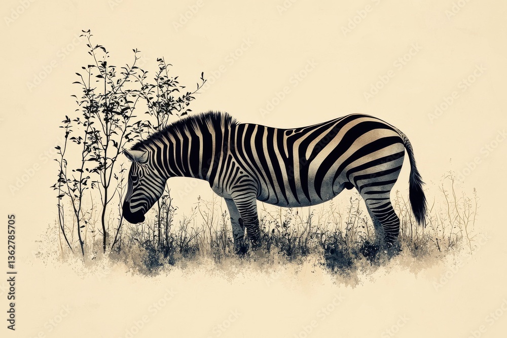 Fototapeta premium Minimalist illustration of a zebra grazing near plants in a serene setting