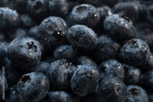 Close-up of fresh blueberries with water drops