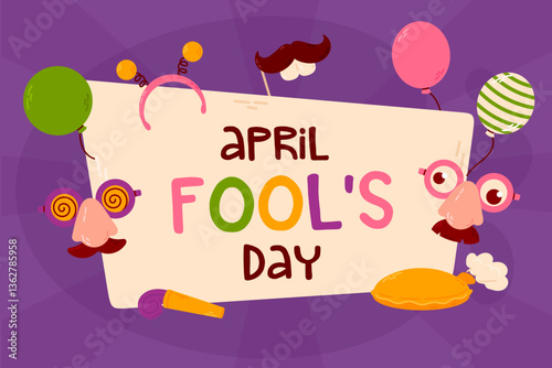 Vector illustration of an April Fool’s Day celebration banner with funny accessories, prank items, and festive decor. Colorful cartoon design.