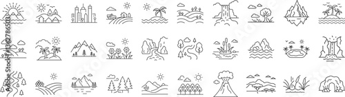 Landscapes line icon set. Vector pictograms of natural and urban scenery, mountain, beach, forest, desert, waterfall, cityscape, canyon thin linear illustration.