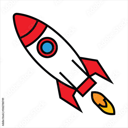 Cartoon Rocket Icon, Simple Colorful Spacecraft Illustration with Red Fins and Flame, Startup, Innovation, and Space Exploration Concept