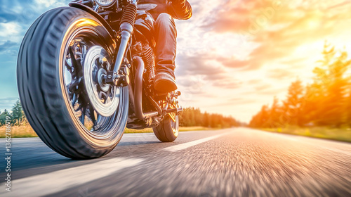 Enjoying the thrill of a motorcycle tour, riding a motorbike on an empty highway with the front tire visible, feeling the freedom of the open road
