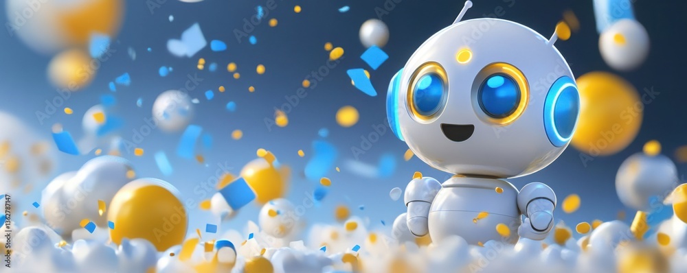 A cheerful robot surrounded by colorful confetti and floating spheres, exuding a playful and optimistic atmosphere. A cheerful robot surrounded by colorful confetti and floating spheres, exuding a playful and optimistic atmosphere.