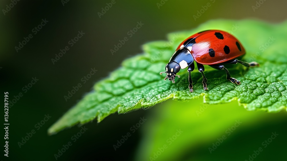 Close view of a ladybug resting on a green leaf in a natural setting during daylight hours Close view of a ladybug resting on a green leaf in a natural setting during daylight hours