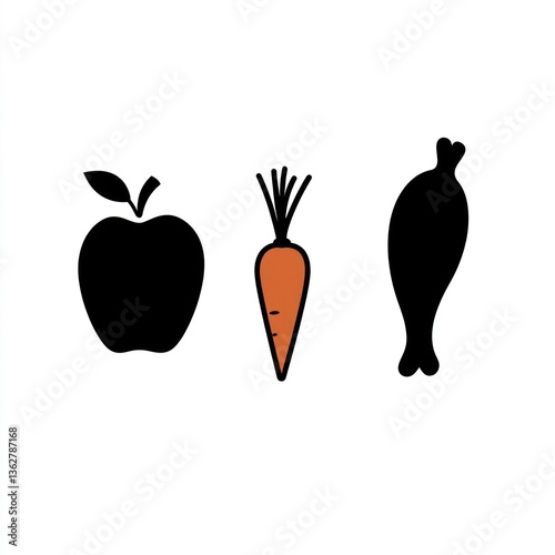 Apple, carrot, fish icons; healthy eating; white background; food illustration; recipe website