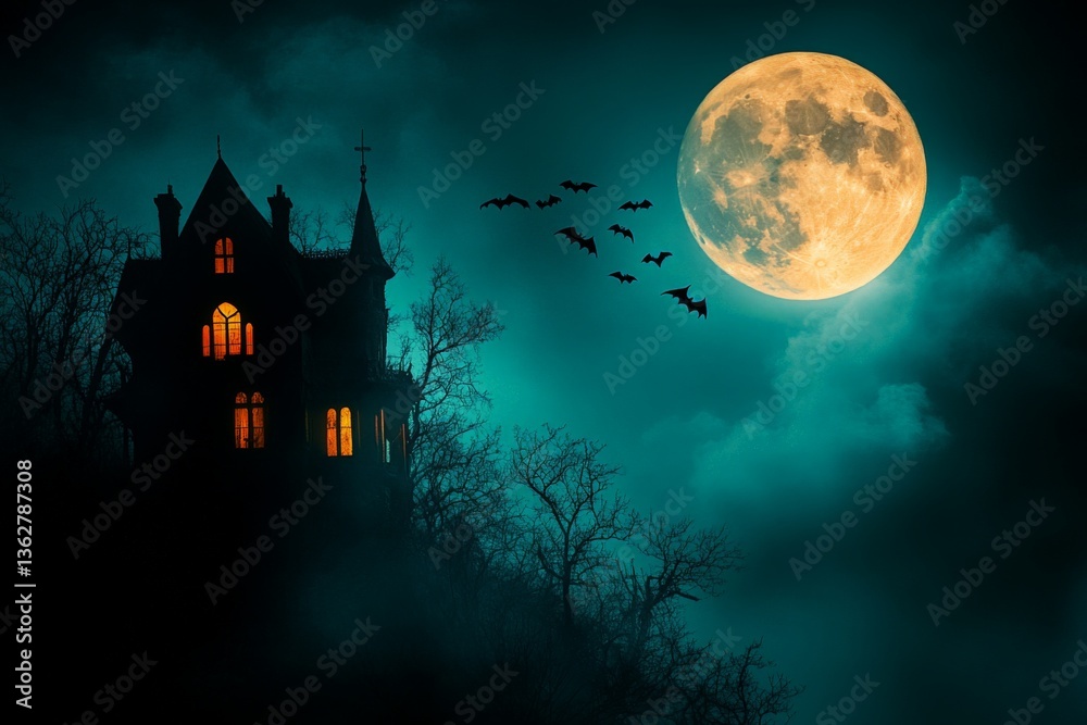 Fototapeta premium Mysterious haunted house illuminated by moonlight with bats flying at night