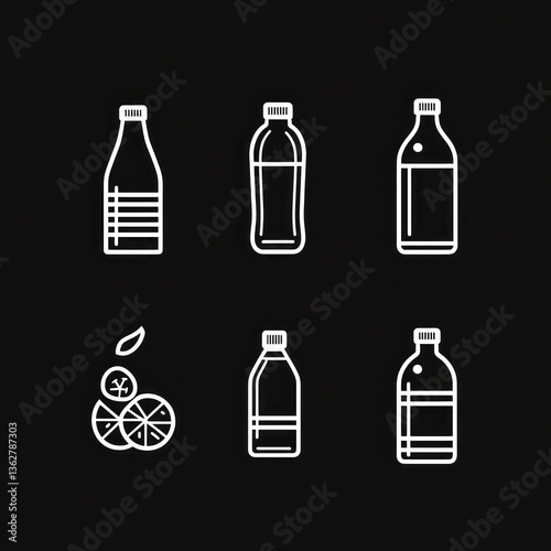 Six beverage bottle icons; citrus slices; dark background; packaging design