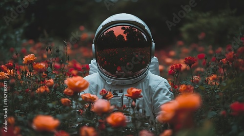 Astronaut Floating in Flower Field Wearing Spacesuit old style dreamy photography