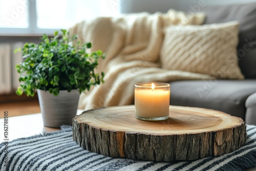 To create a warm atmosphere, this cozy living room features a setup that includes a candle and plants