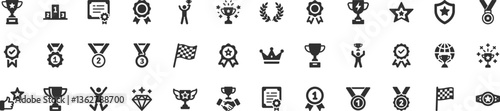 Award, achievement icon set. Vector glyph pictograms of trophy, medal, ribbon, certificate, laurel wreath, crown, podium, success, recognition and competition concept black silhouette illustration.