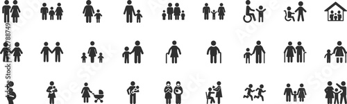 Family, relationship icon set. Vector glyph pictograms of couple, parent, child, elderly people, pregnancy, parenting, community, single mother, social care black silhouette illustration.