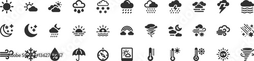 Weather, climate icon set. Vector glyph pictograms of sun, cloud, rain, snow, thunderstorm, humidity, UV index, forecast, meteorology and atmospheric condition black silhouette illustration.