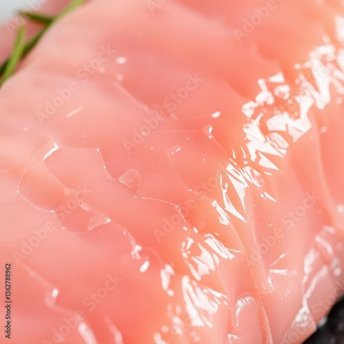 Close-up of fresh albacore tuna fillet, glistening surface, showing texture, detail, gourmet