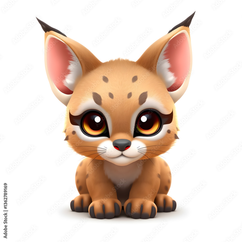 Caracal – 3D baby caracal, soft pointed ears, round chubby face, bright glowing eyes, pastel brown and pink tones, white background. Generative AI