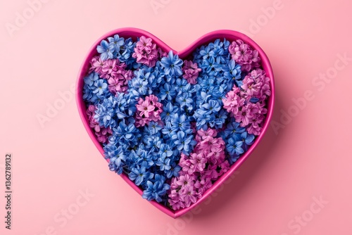 Colorful hyacinths arranged in a heart-shaped container are set on a background of pink