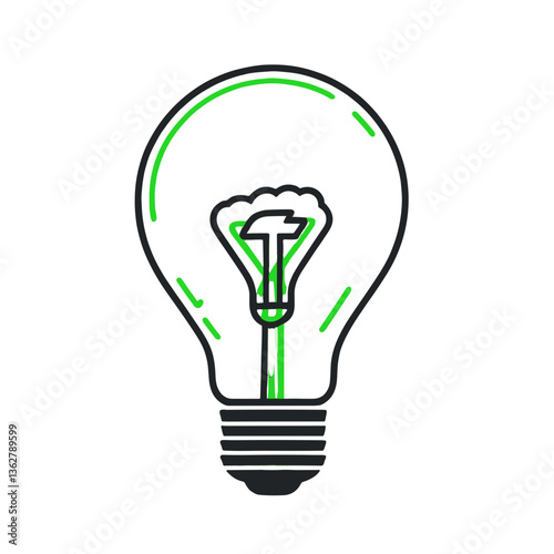 Illustration of a light bulb with a green filament, symbolizing innovative ideas and energy efficiency copy space