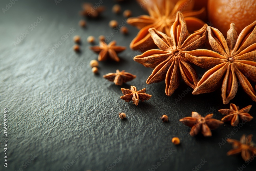 Star anise and spices arranged on a dark stone countertop during a kitchen preparation scene Star anise and spices arranged on a dark stone countertop during a kitchen preparation scene