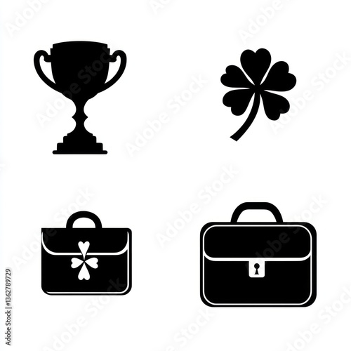 Success icons trophy, clover, briefcase; white background; business, luck