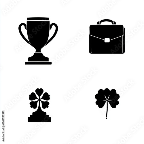 Success symbols trophy, briefcase, four-leaf clover, lucky charm