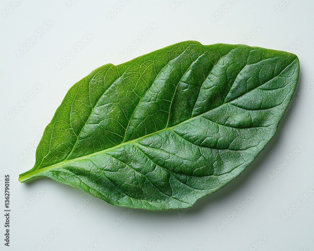 Obraz premium Close-up of a vibrant green leaf showcasing intricate vein patterns against a light background
