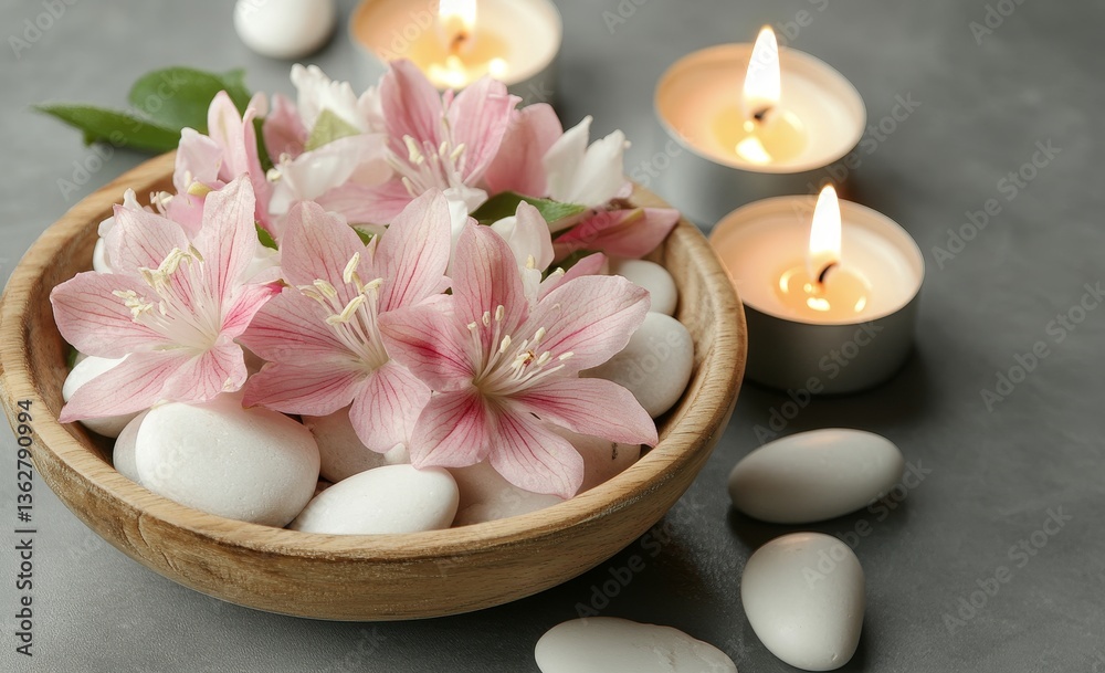 Pink flowers and lit candles are arranged in a decorative bowl on a marble surface Pink flowers and lit candles are arranged in a decorative bowl on a marble surface