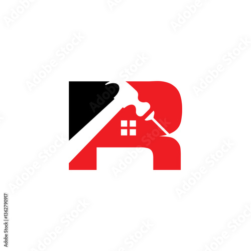 Letter R With Hammer And Nail, Renovation Logo 001