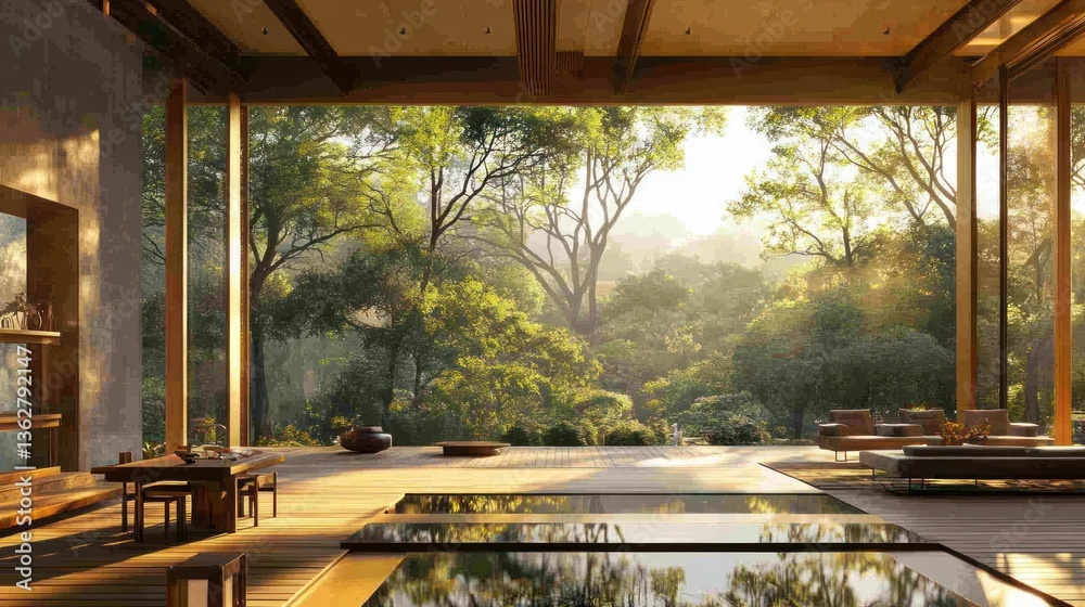 Fototapeta premium Modern house with expansive glass wall overlooking lush forest.