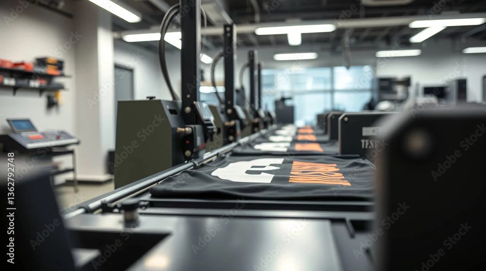 Fototapeta premium Modern printing machine with t-shirt at printshop
