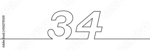 A single line drawing of a thirty four symbol. One line icon. Continuous line thirty fourth number icon. Simple black outline of the number 34. Vector illustration.
