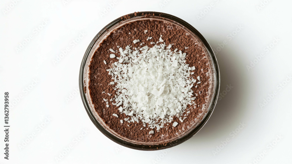 Delicious chocolate chia pudding topped with shredded coconut for a healthy dessert treat Delicious chocolate chia pudding topped with shredded coconut for a healthy dessert treat