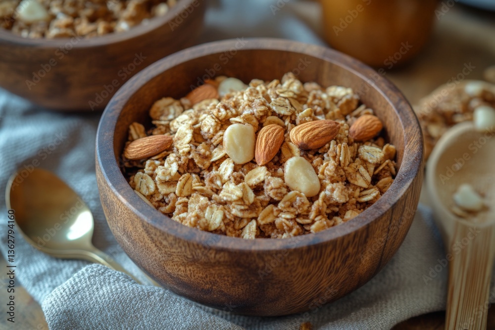 Healthy granola bowl with nuts and oats placed on a wooden table during breakfast time Healthy granola bowl with nuts and oats placed on a wooden table during breakfast time