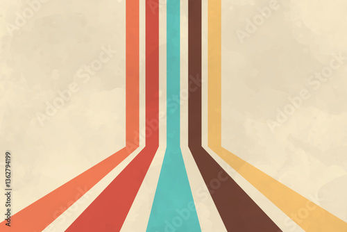 Retro abstract background with multicolored stripes converging in perspective. Vintage aesthetic with muted tones, ideal for posters, banners, and nostalgic designs.