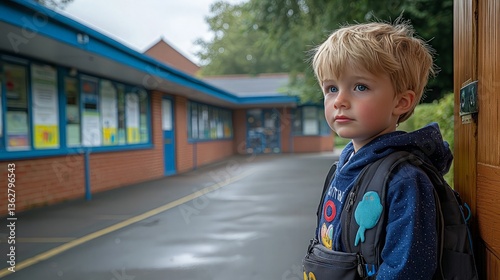 Child waits outside school, thoughtful