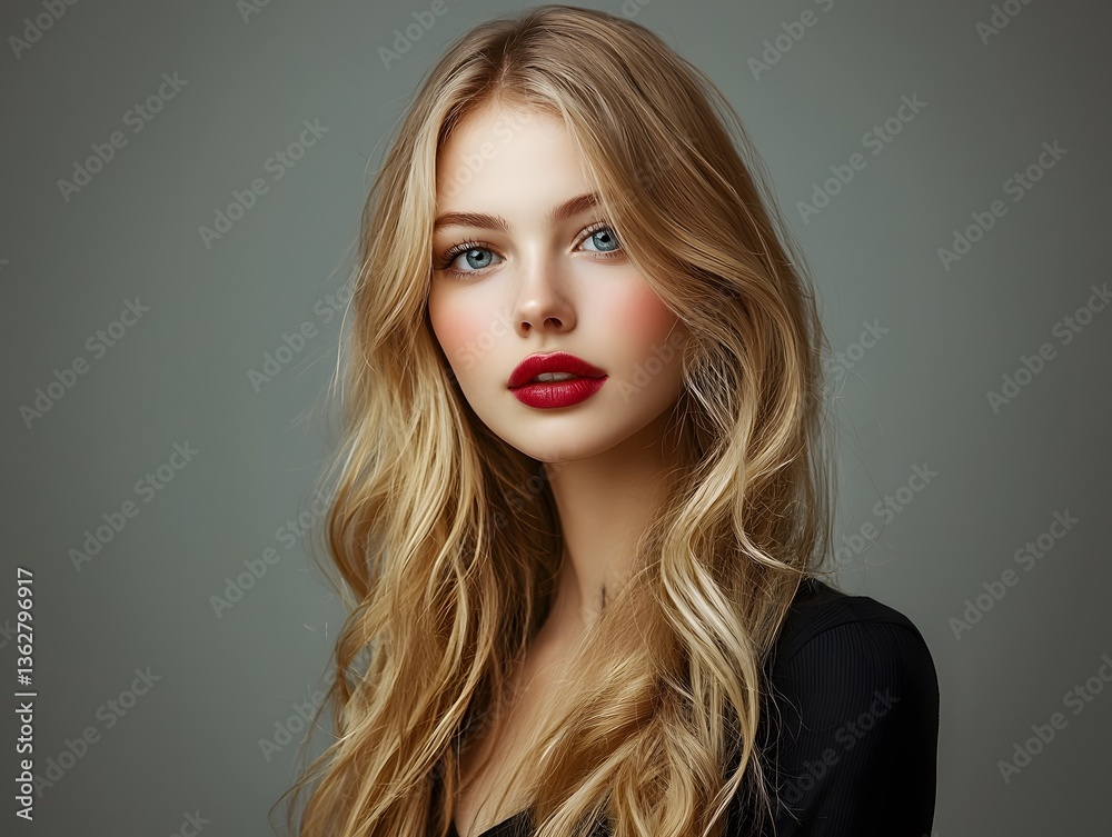 Fototapeta premium Model poses elegantly with long wavy hair and striking red lips in a studio setting during a fashion photoshoot