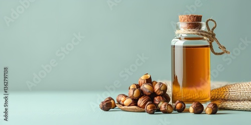 A pale green setting depicting fresh babassu nuts and petite bottle of babassu oil skincare for wellness lovely hue and space, Generative AI.