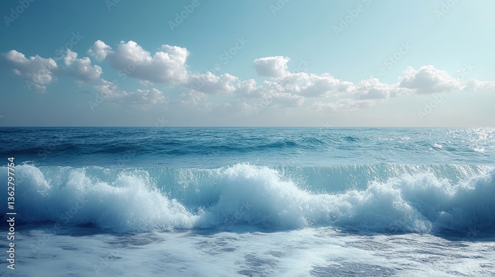 Fototapeta premium Ocean Waves Crashing on the Shore Under a Blue Sky