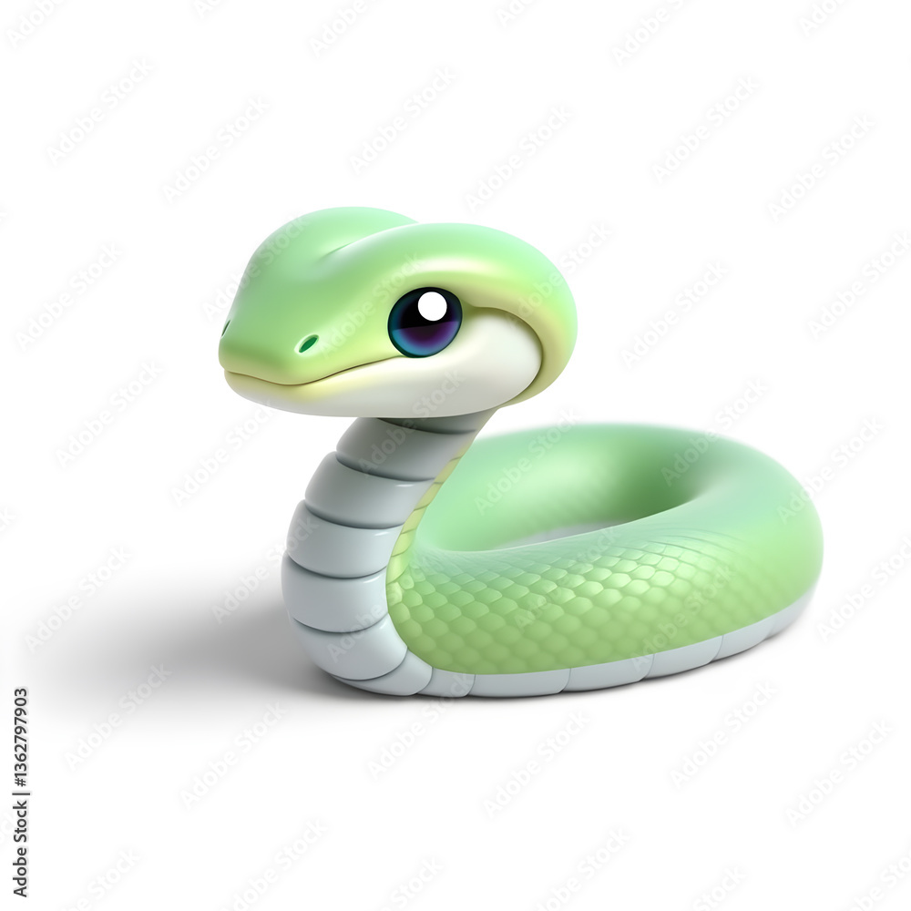 Fototapeta premium Cobra – 3D baby cobra, tiny curved hood, smooth soft scales, big round eyes, pastel green and yellow tones, white background Generative AI