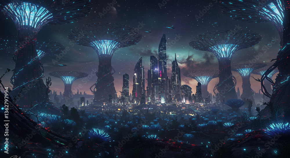 Obraz premium Alien Futuristic City with Glowing Giant Trees and Spaceships in Galaxy Sky