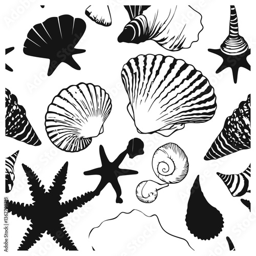  black and white vector silhouette of a broken seashell with jagged edges, washed up on shore on a white background