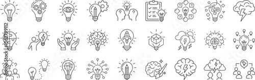 Idea, creativity line icon set. Vector pictograms of brainstorming, innovation, problem-solving, abstract thinking, insight, imagination thin linear illustration.