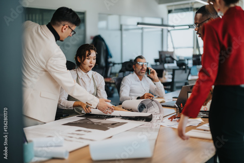 A diverse team of business people brainstorming ideas and discussing plans in a bustling modern office environment, actively engaging in teamwork and project development.