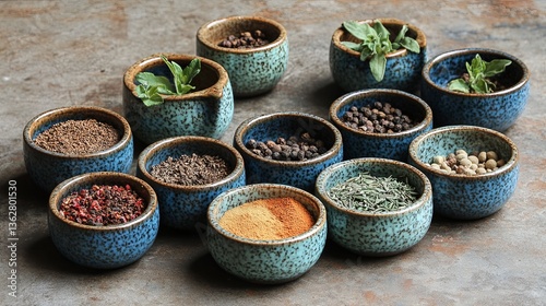 A vibrant display of spices and herbs in small ceramic bowls on a textured surface. picture