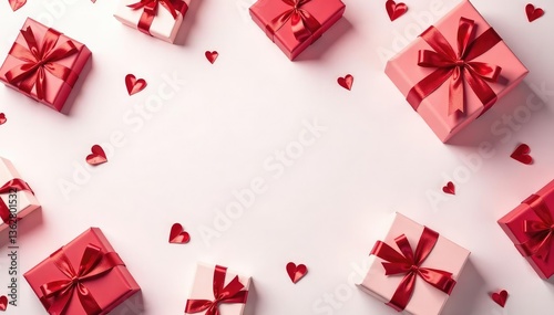 Elegant red ribbon gift box pattern on white background, xmas, bow, print