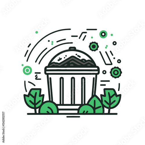 Illustration of a compost bin surrounded by plants, symbolizing eco-friendly composting and sustainability practices copy space