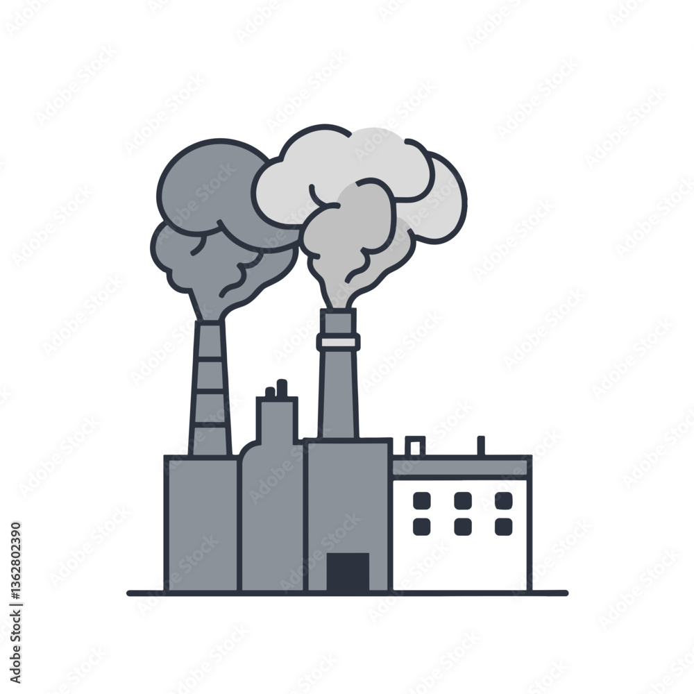 Illustration of a factory with smokestacks releasing smoke, symbolizing industrial activity and environmental pollution copy space