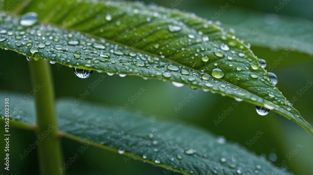 Dew Drops on Green Leaf Macro Shot After Rain Freshness Dew Drops on Green Leaf Macro Shot After Rain Freshness
