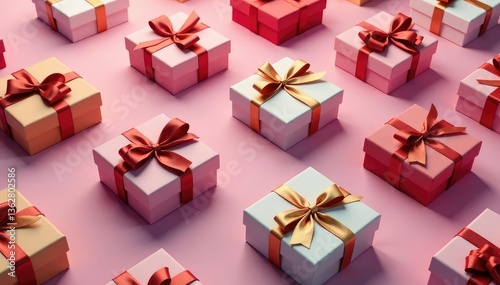 Elegant ribbon-tied gift boxes, repeating pattern, overlay, vector, presents